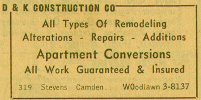 319 Stevens Street — D & K Construction Company, 1955 NJ Bell Yellow Pages ad
