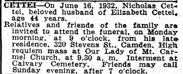 Death Notice of Nicholas Cettei - June 18, 1932