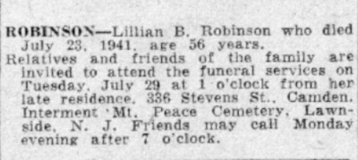 Death Notice of Lillian B. Robinson - July 28, 1941