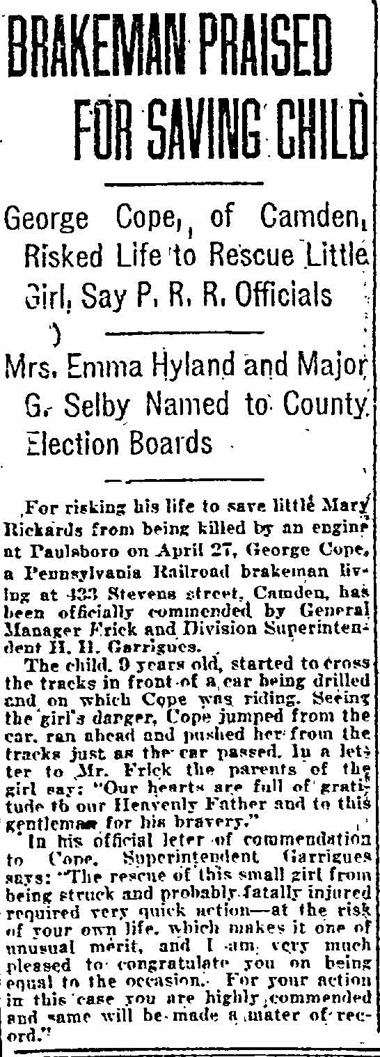 Brakeman Praised for Saving Child - June 4, 1922