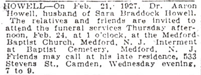 Death Notice of Dr. Aaron Howell - February 22, 1927