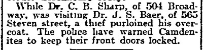 Overcoat stolen from Dr. J. S. Baer's house - November 28, 1910