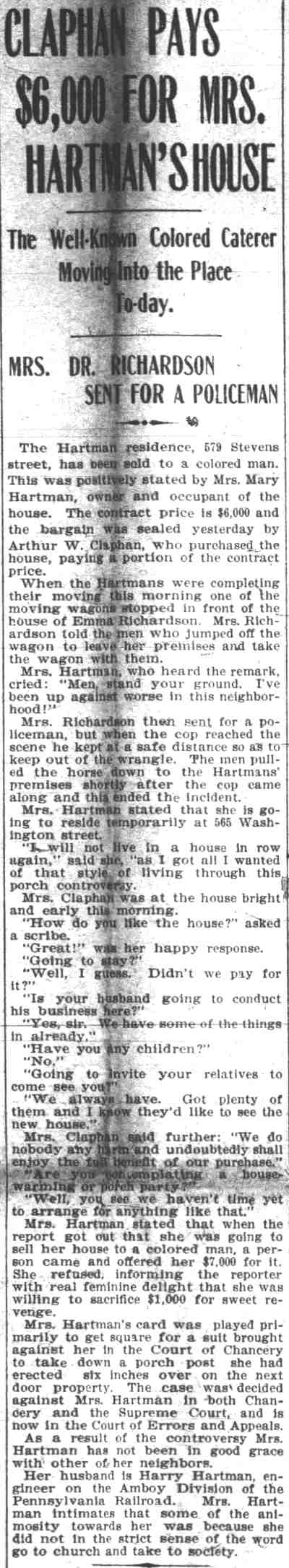 Claphan Pays $6,000 for Mrs. Hartman’s House - Camden Daily Courier, May 23, 1905