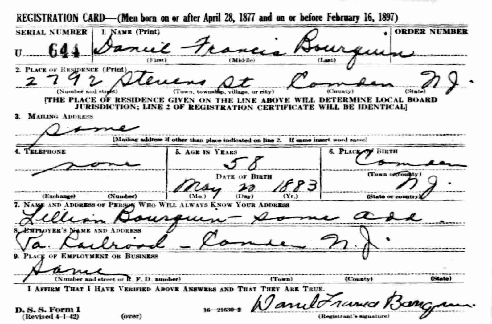 Draft registration card of Daniel Francis Bourquin, 2792 Stevens Street - 1942