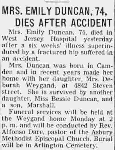 Mrs. Emily Duncan, 74, Dies After Accident - March 3, 1939