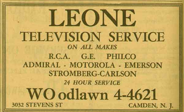 3032 Stevens Street — Leone Television Service — 1955 NJ Bell Yellow Pages ad