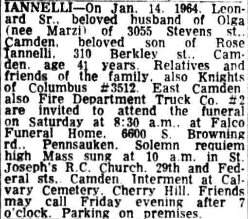 Death Notice of Leonard Iannelli, Sr. - January 17, 1964