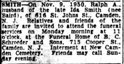 Ralph A. Smith obituary — Camden Courier-Post, November 10, 1950
