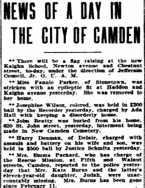 News of a Day in the City of Camden — Philadelphia Inquirer, February 22, 1905