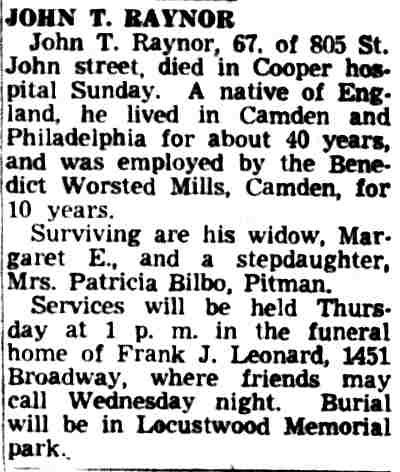 John T. Raynor obituary — Camden Courier-Post, March 26, 1951
