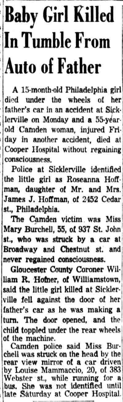 Baby Girl Killed In Tumble From Auto of Father — Camden Courier-Post, October 6, 1953