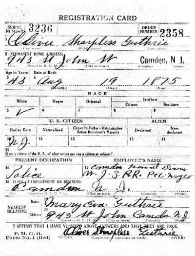 WWI Draft Registration Card for Oliver Sharpless Guthrie, 943 St. John Street, Camden