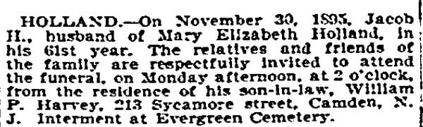 213 Sycamore Street — William P. Harvey & Family, Philadelphia Inquirer, December 1, 1895