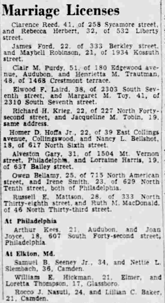 Marriage Licenses, Camden Courier-Post November 17, 1949 — Ruth M. MacDonald, 46 North 33rd Street