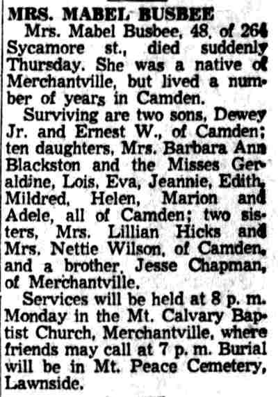 264 Sycamore Street — Mrs. Mabel Busbee, Camden Courier-Post, December 27, 1958