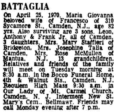 310 Sycamore Street — Francesco Battaglia & Family, Camden Courier-Post, April 27, 1970
