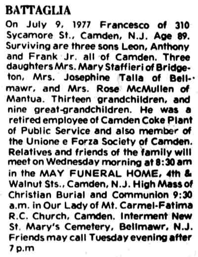 310 Sycamore Street — Francesco Battaglia & Family, Camden Courier-Post, July 12, 1977