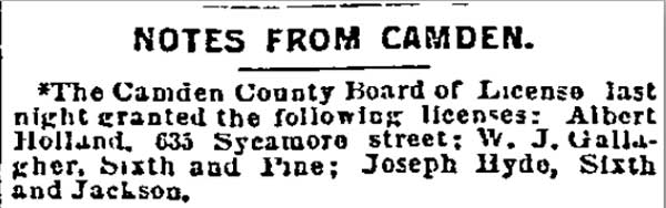 635 Sycamore Street — Blue Anchor Hotel, Albert Holland, Philadelphia Inquirer, September 5, 1891