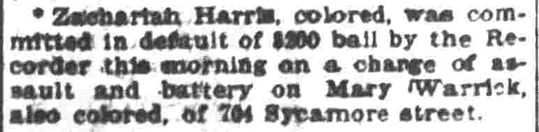 704 Sycamore Street — Mary Warrick, Zachariah Harris, Joseph Nowrey, Camden Post-Telegram, January 27, 1903