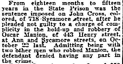 Philadelphia Inquirer, January 10, 1920 — John Cross sentenced for robbery of Oscar Manion of 443 Henry Street