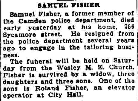 756 Sycamore Street — Samuel Fisher & Family, Camden Courier-Post, February 15, 1927
