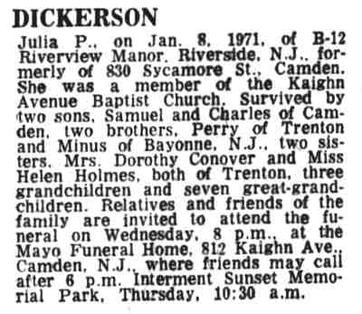 830 Sycamore Street — Julia P. Dickerson, Camden Courier-Post, January 12, 1971