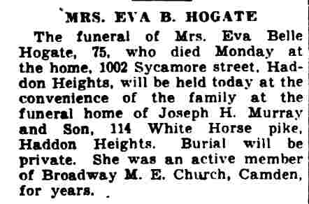 1000 Sycamore Street — Mrs. Eva Belle Hogate, Broadway Methodist Episcopal Church, Camden Courier-Post, August 26, 1937