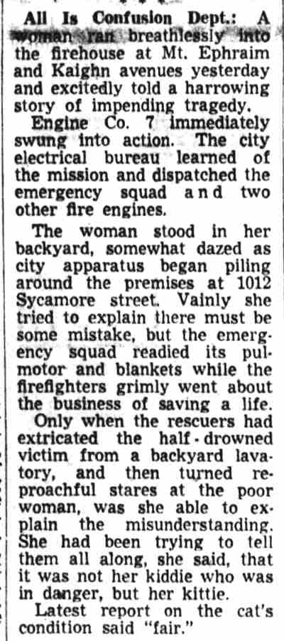 1012 Sycamore Street — Mrs. Sarah Finney / Engine Company 7, Camden Courier-Post, October 16, 1948