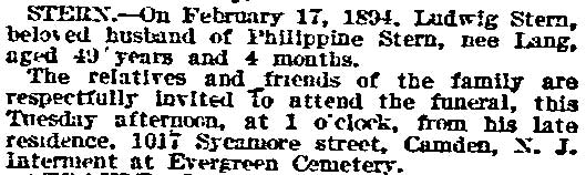 1017 Sycamore Street — Ludwig Stern & Family, Philadelphia Inquirer, February 20, 1894