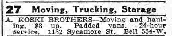 1133 Sycamore Street — A. Koski Brothers / moving and hauling, Camden Courier-Post, June 15, 1932