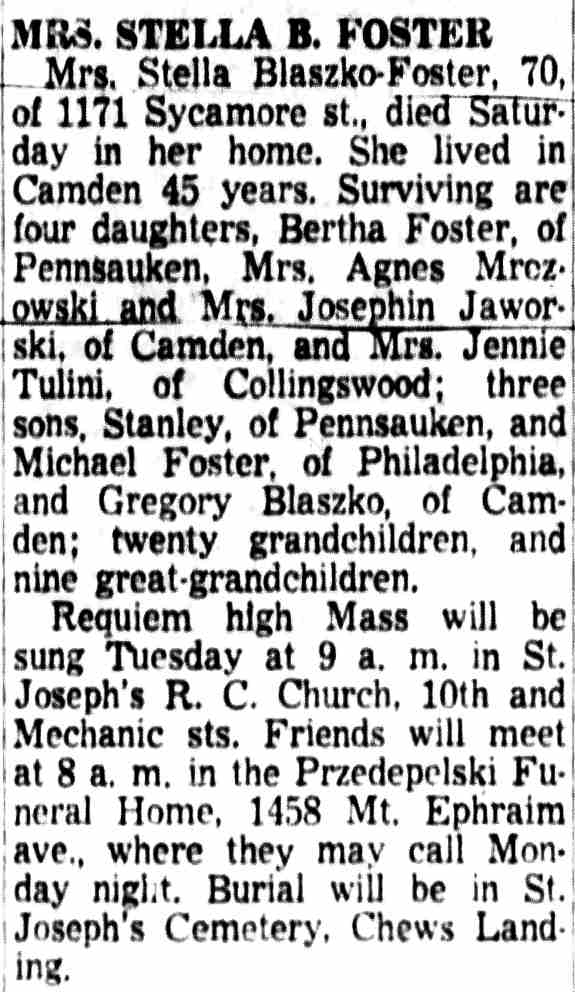 1171 Sycamore Street — Mitchell Wojtkowiak / Stella Blaszko-Foster, Camden Courier-Post, June 3, 1957