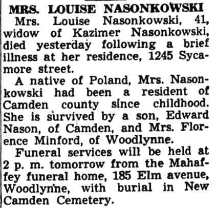 1245 Sycamore Street — Louise Nasonkowski, Camden Courier-Post, March 12, 1941