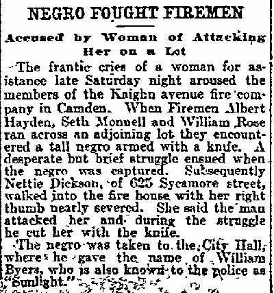 625 Sycamore Street — Nettie Dickson, Seth D. Monell, Alfred Hayden, William Rose, Engine Company 8, Philadelphia Inquirer, May 21, 1906