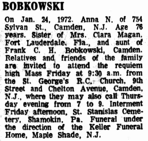 Bobkowski obituary — Courier-Post, January 25, 1972