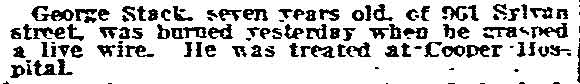 George Stack of 961 Sylvan Street burned by live wire — Philadelphia Inquirer, March 20, 1918