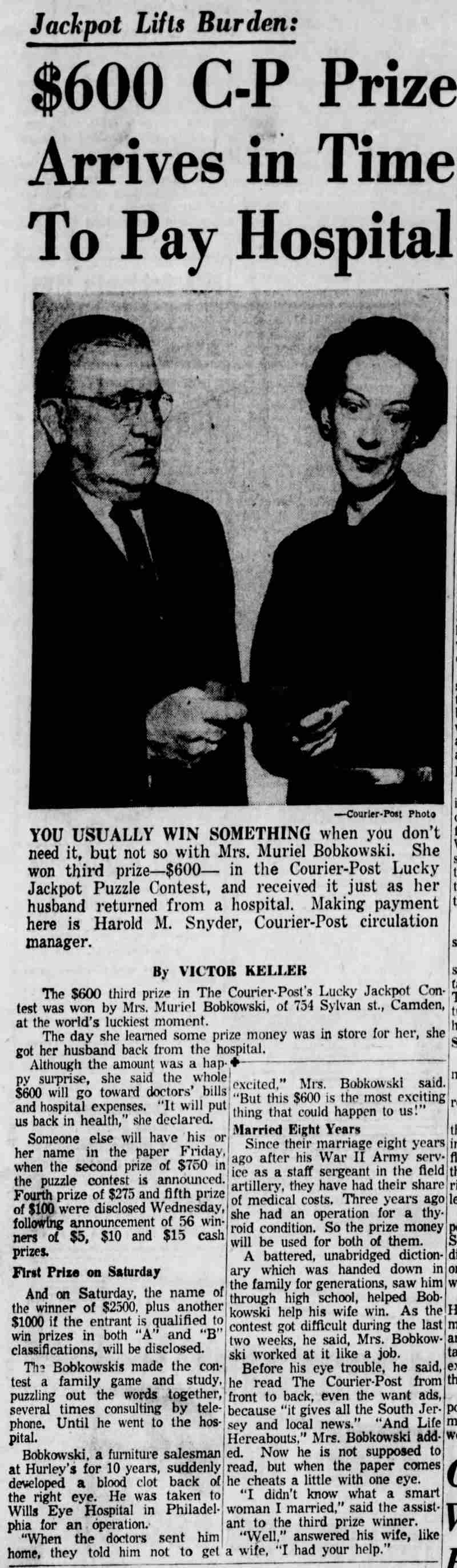 $600 C-P Prize Arrives in Time To Pay Hospital — Courier-Post, February 24, 1955