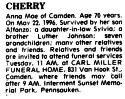 Cherry obituary — Courier-Post, May 24, 1996