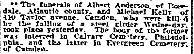Philadelphia Inquirer clipping, January 27, 1907 — funerals of Michael Kelly of 410 Taylor Avenue killed by falling steel girder