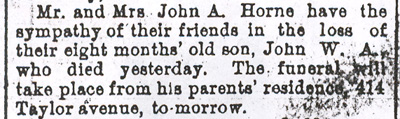 Camden Daily Courier clipping, October 23, 1894 — sympathy notice for John A. Horne of 414 Taylor Avenue