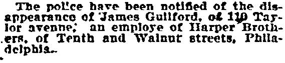 Philadelphia Inquirer clipping, October 30, 1898 — James Guilford disappearance