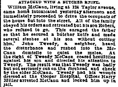 Philadelphia Inquirer clipping, November 12, 1889 — William McCann attacked with butcher knife at 124 Taylor Avenue