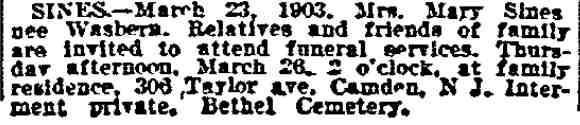 Public Ledger clipping, March 26, 1903 — Mary Sines funeral notice, 306 Taylor Avenue