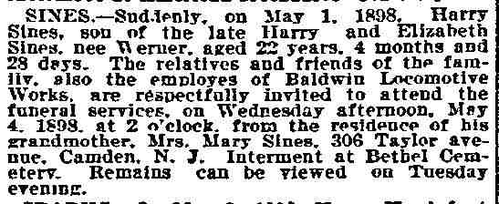 Public Ledger clipping, May 4, 1898 — Harry Sines funeral notice, 306 Taylor Avenue