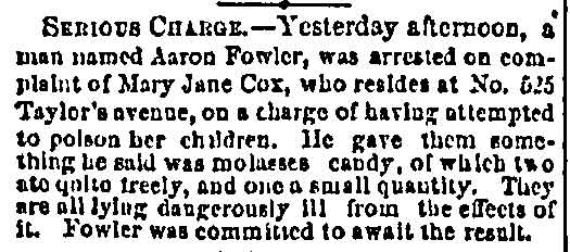 Philadelphia Inquirer clipping, March 18, 1870 — Aaron Fowler arrested on complaint of Mary Jane Cox at 525 Taylor's Avenue