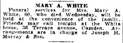 Mary A. White funeral notice, Camden Courier-Post June 3, 1932