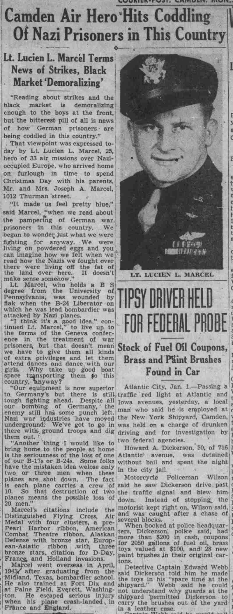 Lt. Lucien L. Marcel, Camden Courier-Post, January 1, 1945