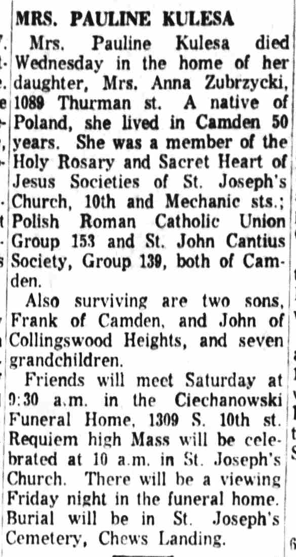 Mrs. Pauline Kulesa death notice, Camden Courier-Post, March 15, 1962