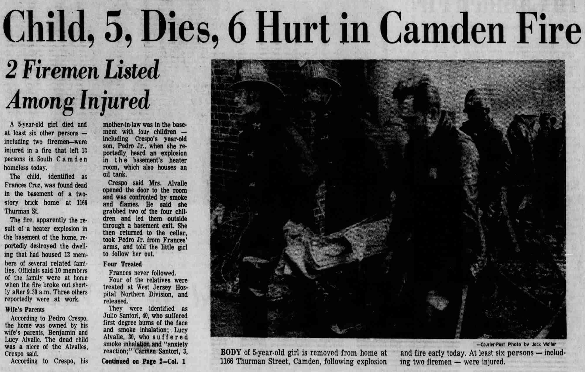 Child, 5, Dies, 6 Hurt in Camden Fire, Camden Courier-Post, February 24, 1973
