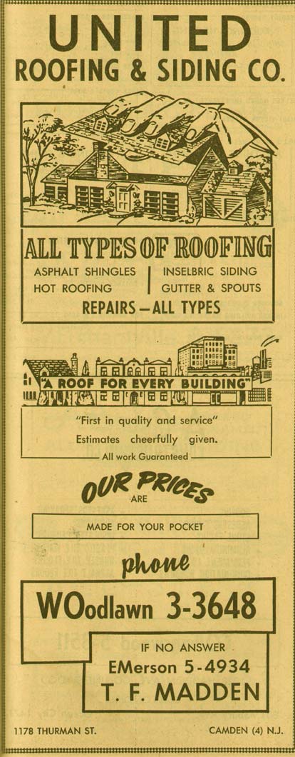United Roofing and Siding Company, 1178 Thurman Street, 1955 New Jersey Bell Telephone Yellow Pages