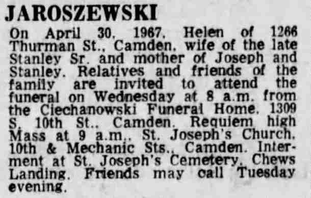 Jaroszewski death notice, Camden Courier-Post, May 2, 1967